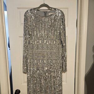 Mac Duggal Stunning Long Sleeve Platinum Evening Dress Size 18